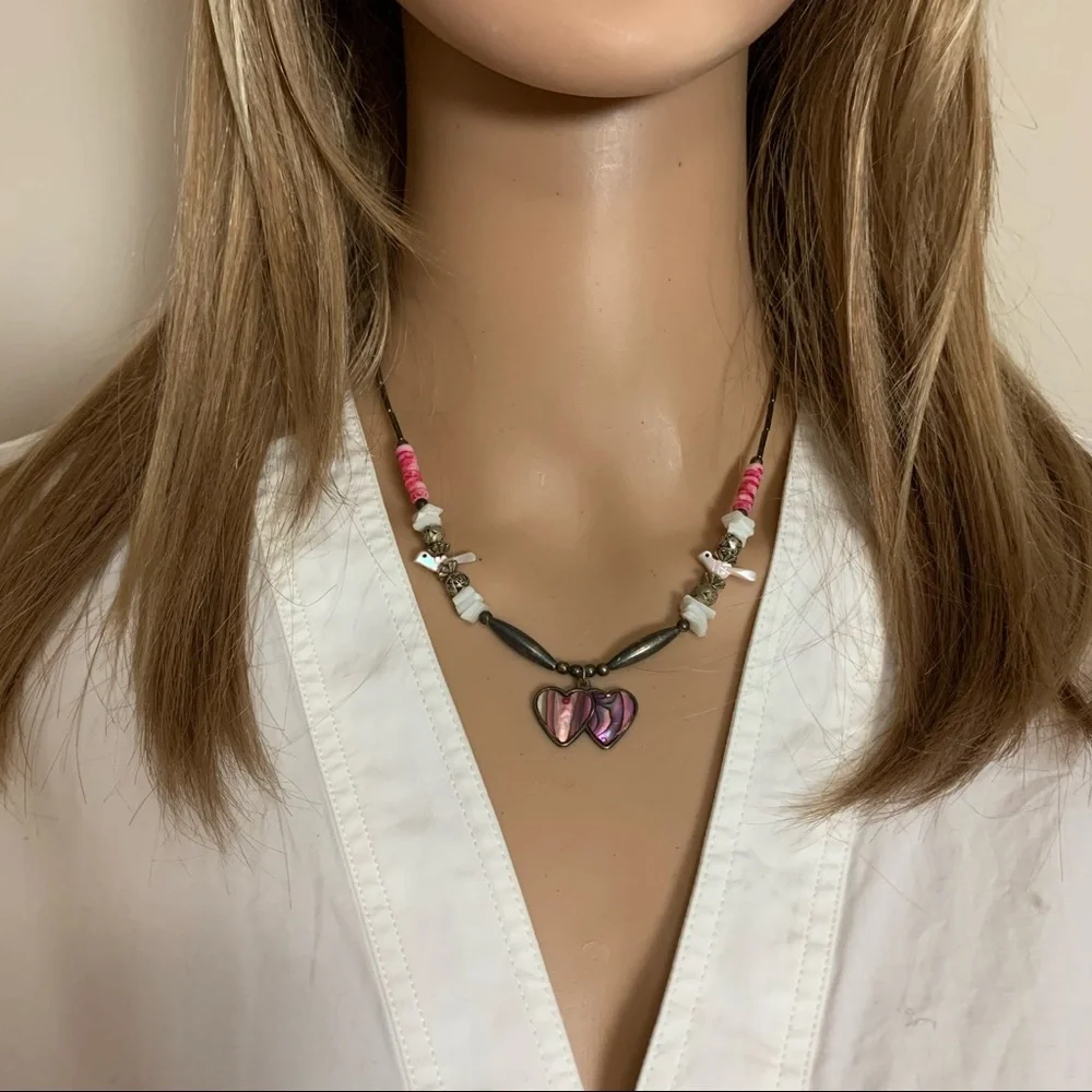 DOUBLE HEARTS Silver NATIVE AMERICAN South Western SHELL BIRDS Beaded NECKLACE